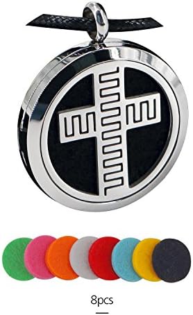 Essential Oil Diffuser Necklace Aromatherapy Jewelry Stainless Steel Locket Pendant with 24 Inches Steel buckle wax rope, 8 Washable Refill Pads（corss）