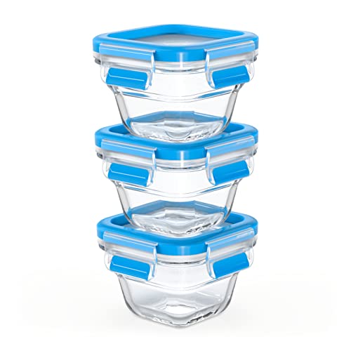 Emsa Clip & Close Glass Food Storage Containers Set, Square, 0.18L, 100% Leak-Proof, Non-Slip Stacking, Glass Containers Dishwasher, Freezer, Oven, Microwave Safe, Red, Transparent, N10507