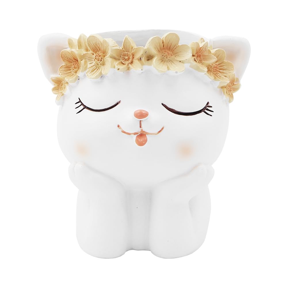 Boerni Cute Resin Cat Pen Holder,Lovely Kitten Animal Flower Succulent Cactu Plant Pot Pencil Cup Pencil Holder Pot Cartoon Pen Container Makeup Brush Holder for Kid Office Desktop Stationery Gift