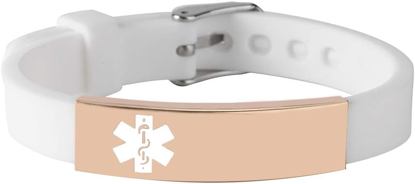 BAIYI Medical Alert ID Bracelets for Women and Girls White Silicone Band with Rose Gold Emergency Tag Free Engraving