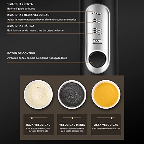 MXCOCO Agitador de Leche 6 en 1 con Base de Soporte, Espumador de Leche Eléctrico, 3 Cabezales de Acero Inoxidable y 3 Velocidades, Batidora de Mano Ideal para Capuchino, Batidos, Huevos y Harina
