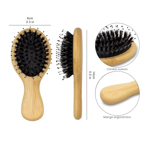 Woodlife® – Dúo de Cepillos Mini Ovalados de Bambú con Cerdas Naturales de Jabalí | Estimula el Folículo Piloso y Favorece el Crecimiento del Cabello.
