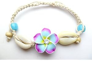 Aloha Passion Hand Made Fimo Clay Plumeria Flower w/CZ Cubic Zirconia & Cowry Cowrie Shell on Hemp Adjustable Bracelet/Anklet