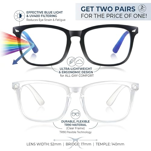 2 Pack Blue Light Blocking Glasses for Women and Men, Clear Frame Square Eyeglasses with Anti-Eyestrain Lenses, Lightweight Glasses for Computer, Reading, Gaming, TV and Phone Use