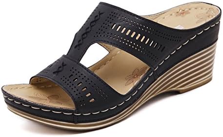 Navoku Womens Leather Stylish Wedge Sandles Slide Sandals Black 37 6.5 D(M) US
