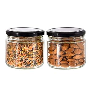 Machak Round Glass Jar For Kitchen Container For Storage Airtight, 350ml, Black Lid (2)