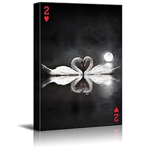 Poker Cards Canvas Wall Art - Hearts 2 - Two Swans on The Water Forming a Heart Shape Under The Moon - Gallery Wrap Modern Home Art | Ready to Hang - 12x18 inches
