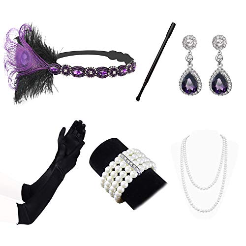 AutoWT 1920s Flapper Accessories Set for Women Great Gatsby Costume Headband Earrings Necklace Gloves Cigarette Holder (P1)