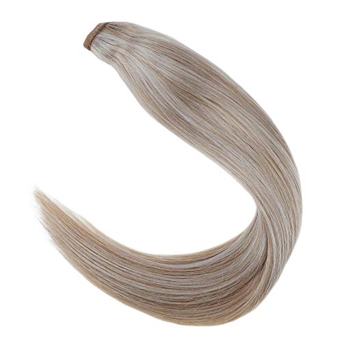 LaaVoo 12" Short Wrap Pony Tail Human Hair Extensions in Color Ash Blonde Mixed Bleach Blonde Remy Brazilian One Piece Ponytail Hair 70g