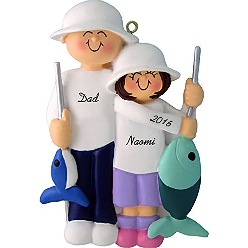 Fishing Friends: Male with Female Child Personalized Christmas Ornament - Handpainted Resin - 4.5