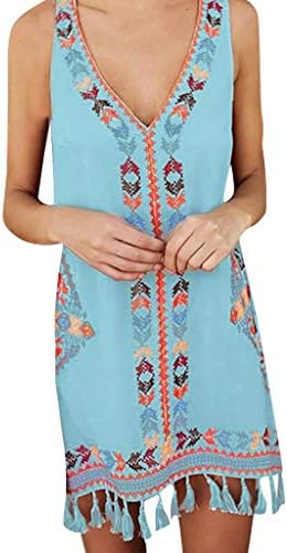 Behkiuoda Women Summer Dress V-Neck Bohemia Print Sleeveless Loose Beach Mini Tassel Casual Dress Sundress