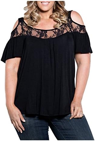 CutyKids Women Shirt Plus Size Hollow Out Lace Short Sleeve Casual Top Black 3XL