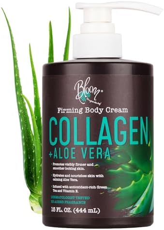 Bloom Collagen Firming Cream for Body and Face. Intensive moisturizer with Aloe  Vera, and Green Tea extracts for sagging, aging, and dry skin. Large 15 Fl  oz (444 mL) jar with pump. (
