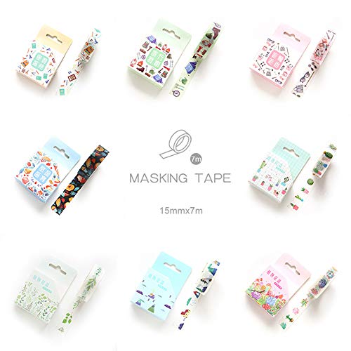 Kawaii Masking Tape Set (Assorted 8 Rolls) Animal House Tree Green Leaf Succulent Plant Cactus School Stationery Makeup Stuff Camping Tool Food Washi Tapes Scrapbooking Diary Planner DIY Sticker Label