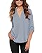 Face N Face Women's Summer V Neck Solid Loose Casual Cuffed Long Sleeve Blouses Light Blue L
