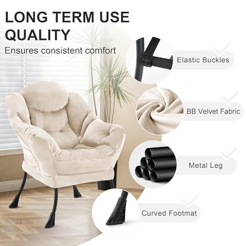 Zedachica Lazy Chair with Ottoman, Modern Upholstered Accent Armchair with Foot Stool, Lounge Reading Chair for Adults, Leisure Living Room Armchair with Side Pocket for Bedroom, Dorm, Beige