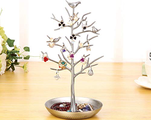 image for JQWORKLAND Silver Birds Tree Jewelry Stand Display Earring Necklace Ho