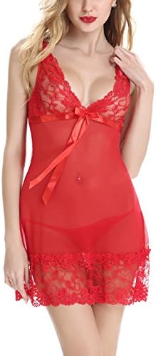 URMP Lace Babydoll Lingerie Sexy Sleepwear Nightwear Dress Set Mesh Chemise Nightgown for Women