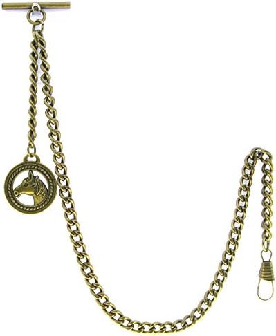 watchvshopAlbert Chain Pocket Watch Chains for Men Antique Brass Plating with Horse Design Fob T Bar AC03