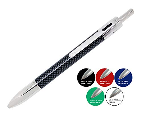 KenTaur Multi-Color Pen In One (Carbon Fiber) 5 In 1 Multifunction Pen with Black, Blue, Red, Green Ballpoint Pen and 0.7mm Mechanical Pencil - Uses D1 Refills