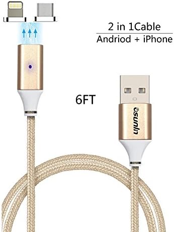 Osunlin 2 in 1 Strong Magnetic Adapter Micro Usb and Lightning 6ft Best Charging and Data Cable Sync Cord with LED Indicator for Android and Apple Devices (Gold 2M)