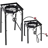 Goplus Outdoor Stove High Pressure Propane Burner Portable Gas Cooker Height Adjustable Legs Detachable Camping Cooking Stove w/Adjustable Regulator &amp; Stand (Single Burner 200,000BTU)