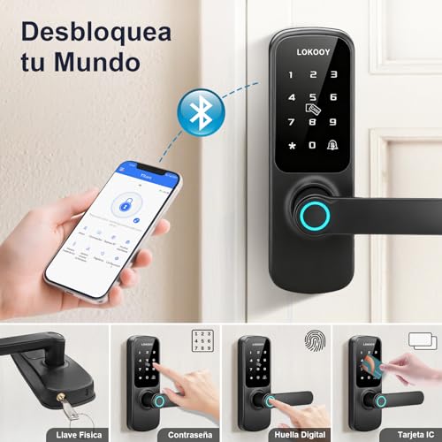 LOKOOY Cerradura Inteligente D1, 5 Métodos de Apertura, TTLOCK App Bluetooth, Huella Digital, Tarjeta IC, Contraseña, Llave física, Apto para 30 mm a 75 mm