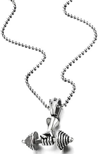 Men Silver Stainless Steel athletic Fitness Dumbbell Pendant Chain
