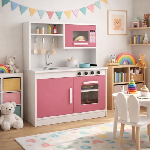 Cozinha Infantil Encanto Completa Nicho Forno Micro-Ondas Ganchos Porta Utensílios Torneira Metálica Pia Fogão Cooktop Armário Criança Menina Menino - RP Online (Branco/Rosa)