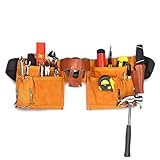 11 Pocket Leather Construction Tool Belt, Work Apron, with Adjustable Poly Web Belt Quick Release Buckle