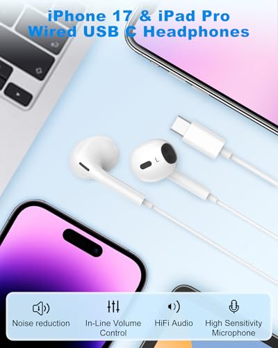 USB C Earphone (2 Pack), USB Type C Earbuds for iPhone 17 Stereo HiFi Noise Cancelling Headphones Compatible with iPhone 17 Pro, iPad Pro, Galaxy S23/S22/S21/S20/Ultra, Note 10/20, Pixel 7/6 - White