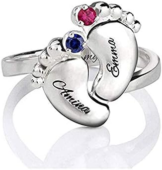 925 Sterling Silver Personalized Birhtstone Baby Feet Name Ring 2 Names Mother Ring