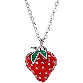 Red Strawberry Pendant S925 Sterling Silver Necklace for Women Cute Sweet Drops Oil Fresh Small Fruit Food Charm Friendship Adjustable Chain Choker Necklaces Birthday Christmas Jewelry Gift Daughter Wife BFF