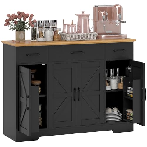 HOMCOM Farmhouse Sideboard Buffet Cabinet with Soft-Close Hinges, 47" Coffee Bar Cabinet with 3 Drawers and 3 Adjustable Shelves, Kitchen Pantry with Spice Racks, Black Wood Grain