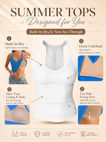 Danysu V Neck Cotton Tank Tops with Built-in Shelf Bra Sleeveless Racerback Fitted Basic Cami Shirts