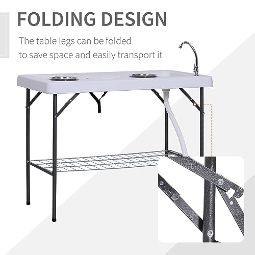 Outsunny Folding Fish Cleaning Table with Sink, Portable Camping Table with Faucet Drainage Hose