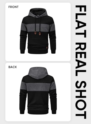 JMIERR MEN’S PLAID HOODIES DRAWSTRING KNIT HOODIE PULLOVER CASUAL WAFFLE HIPSTER SWEATSHIRTS LONG SLEEVE SWEATERS, US38(S), A BLACK