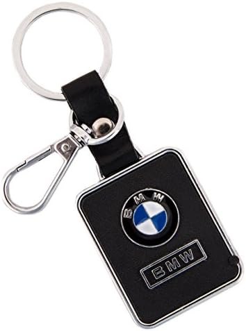 Black Primeum Leather Zinc Alloy Metal BMW Keychain "Blue Sky" Edition Top Quality with an additional clip in the center.