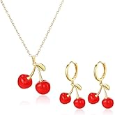 QLYOVWE Cherry Earrings Necklaces Set for Women Funny 3D Red Crystal Cherries Drop Earrings Sweet Fruit Necklace Christmas Party Holiday Jewelry Gifts