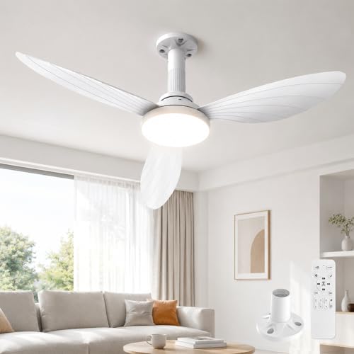 Hisummer 106 cm Ceiling Fan with Light, E27 Connection Only with Base Supplied, Quick Assembly Silent Reversible Ceiling Fan with Remote Control for Bedrooms, Living Rooms, Kitchens