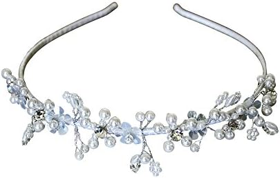 First Communion Flower Girl Bridal White Satin Pearl Rhinestone Single Handcrafted Headband (White, Silver Tone)