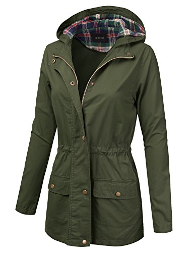 DRESSIS Women's Woven Plaid Hooded Drawstring Waist Cotton Utility Jacket Olive 3XL