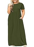 Shele Women Short Sleeve Loose Plain Casual Plus Size Long Maxi Dress with Pockets (3XL, Army Green)