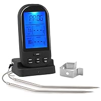 Digital Meat Thermometer - Pococina Wireless LCD Food Cooking Instant Read Thermometer with Dual Probes, Alarm Monitor Thermometers for BBQ, Liquids, Milk, Steak, Chicken, Baking, Kitchen - Black