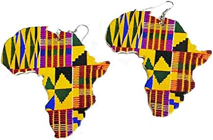 Africa Map Outline Wood African Colorful Printed Stripes Triangle Geometric Afro Earrings