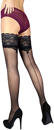 Back Seamed Thigh High Lace Top Stay Up Stockings Nylons Silicone Top (Black, 4 - Large)