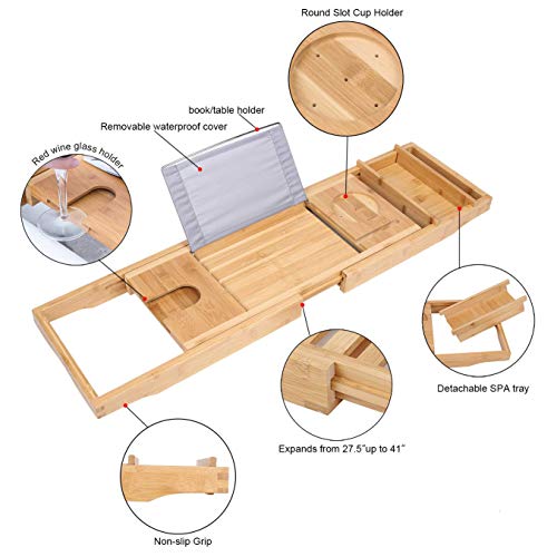 BOSSJOY Luxury Wood Bamboo Bathtub Bath Tub Caddy Tray with Extending Sides Built in Book Tablet Phone Wineglass Holder - Thumbnail 2