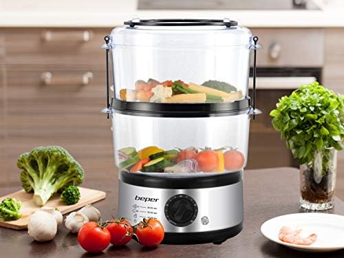 Beper - Cuiseur à Vapeur Multicombustion de 5L, Économiseur d'Espace, Minuterie de 60 minutes, Cuisson à la Vapeur Saine, Puissance 400-500W - Argent / Noir - Cuisine A Vivre Beper - Cuiseur à Vapeur Multicombustion de 5L, Économiseur d'Espace, Minuterie de 60 minutes, Cuisson à la Vapeur Saine, Puissance 400-500W - Argent / Noir