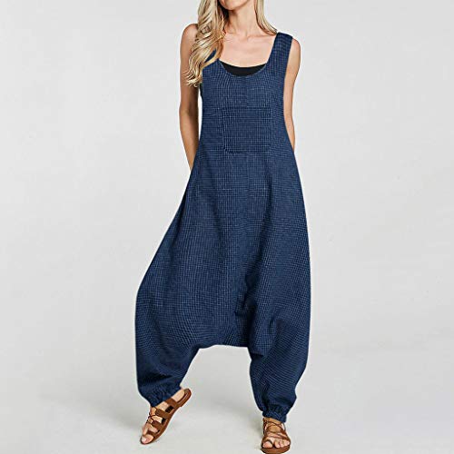 Jumpsuits for Women U Neck Romper Sleeveless Backless Side Pockets Sets Baggy Long Overalls (L, Blue) - Thumbnail 2