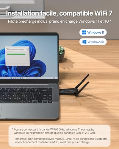 BrosTrend BE6500 Clé WiFi 7 Puissante, Clé USB WiFi pour PC Tri-Bande 6GHz / 5GHz / 2.4GHz, Longue Portée Antenne Wi-Fi PC Dongle, Clef sans Fil Adaptateur USB 3.0, Compatible avec Windows 11/10, WPA3